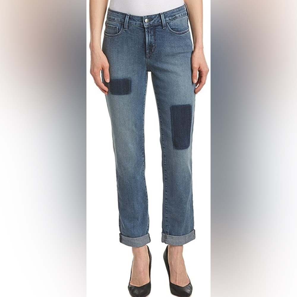 NYDJ Women Blue Boyfriend Jeans with Patch Details. 91% Cotton, 10P NWOT